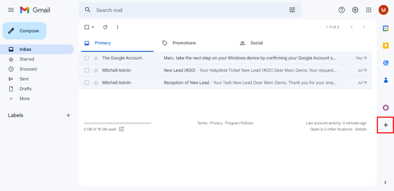 Plus sign icon on the Gmail inbox side panel.