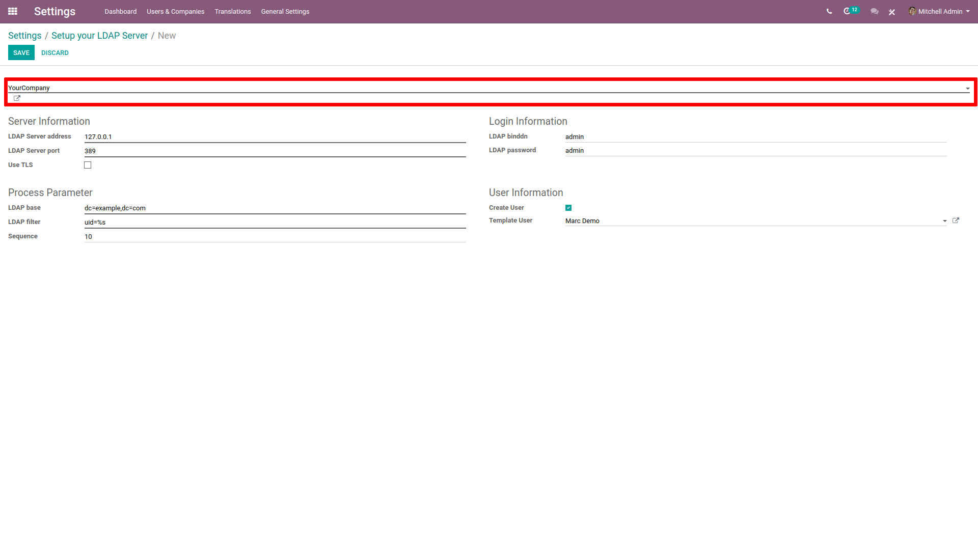 Select the company drop-down menu highlighted in LDAP setup.