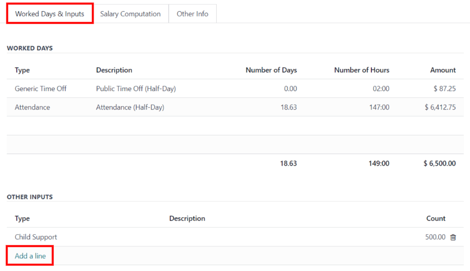 The fields filled out in the worked days and inputs tab.