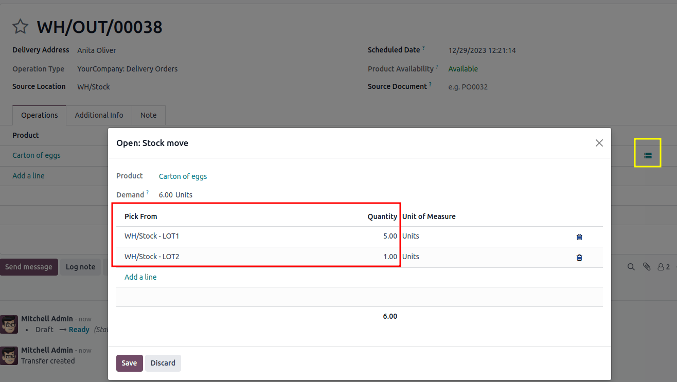 The stock moves window that shows the lots to be removed using FEFO.