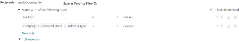 View of how recipient filters can be customized in Odoo Email Marketing.