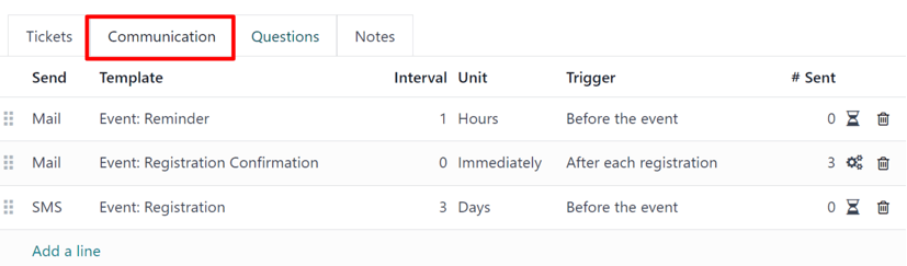 Typical communication tab on an event form in the Odoo Events application.