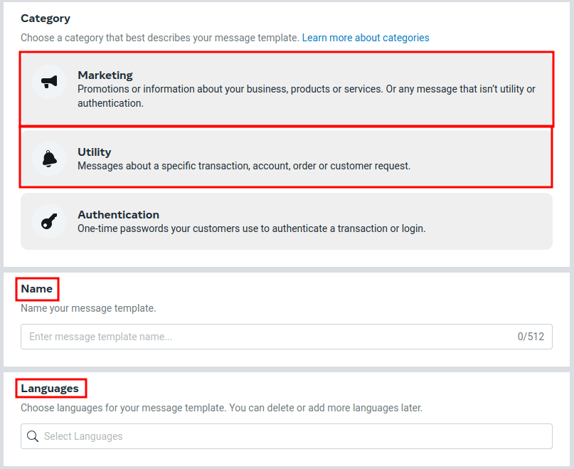 Template configuration options listed, with Marketing, Utility, Name and Language highlighted.