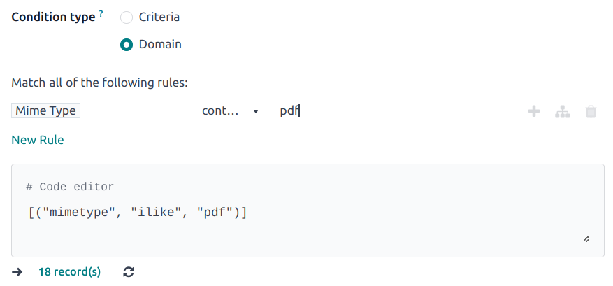 Example of a workflow action's domain condition in Odoo Documents