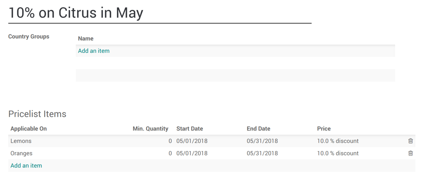 View of a time-limited pricelist for two products