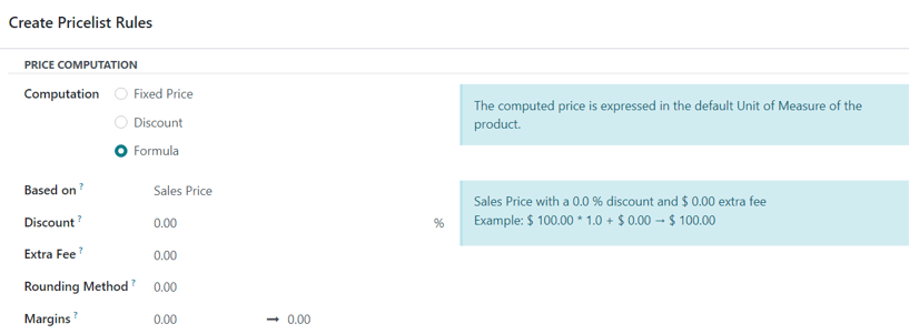 The various formula computation options present in Odoo Sales.