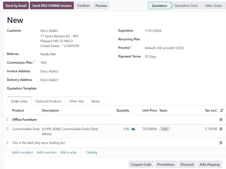 A typical quotation form in the Odoo Sales application.