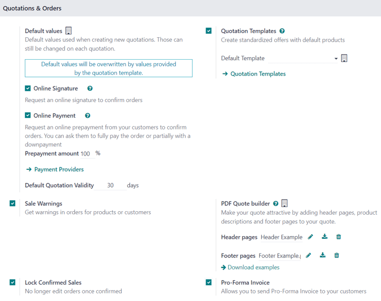 The Quotations and Orders section on the Odoo Sales app Settings page.