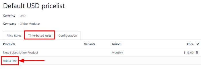 The time-based rules tab on a pricelist form in Odoo Sales.