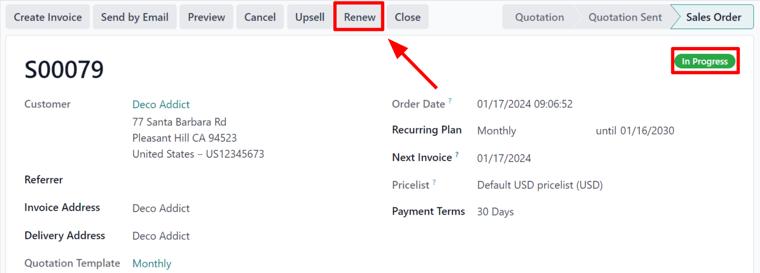 Renew button on subscription sales order with Odoo Subscriptions.