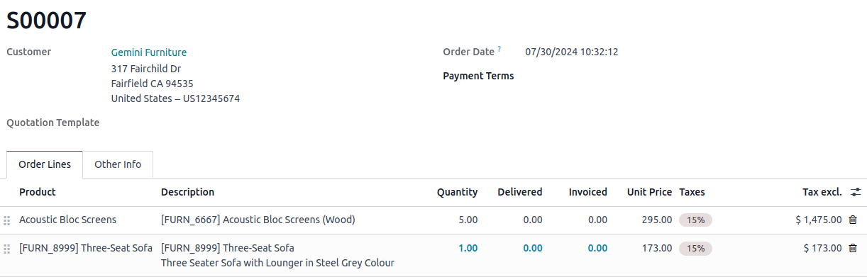 Sales order model's Form view