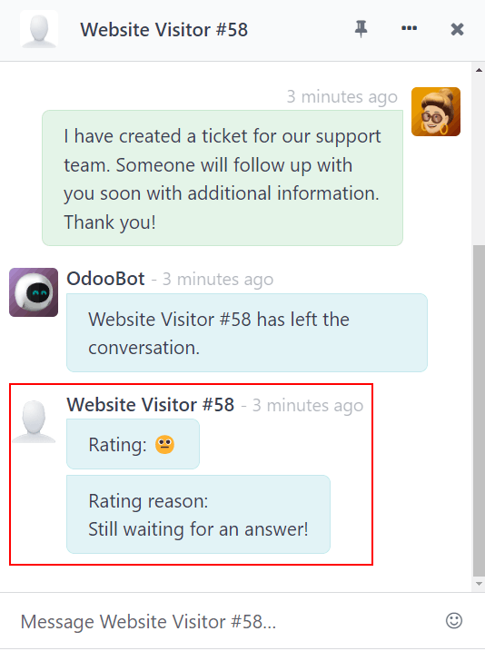 Ansicht eines Chat-Fensters eines Bedieners mit Hervorhebung einer Bewertung für Odoo Livechat