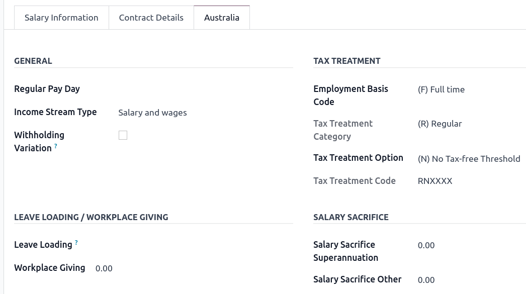 Personalabrechnungsreiter „Australien“ in Odoo.