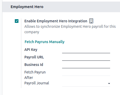 Aktivierung der Integration von Employment Hero in Odoo Buchhaltung zeigt neue Felder in den Einstellungen