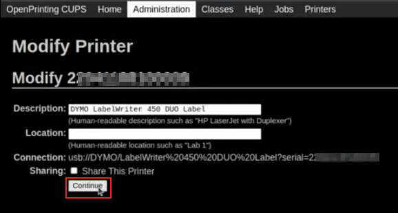 Printer modification screen with Continue highlighted.