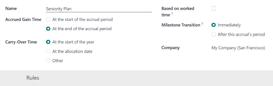 An accrual plan form with all the entries filled out.