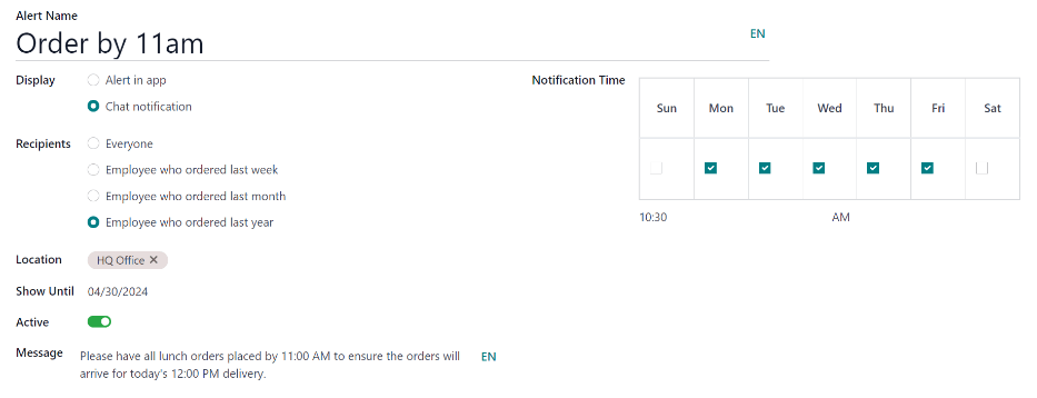 Ein Benachrichtigungsformular mit allen Informationen für eine Chat-Benachrichtigung, die um 10:30 Uhr versandt wird und die Mitarbeiter auffordert, ihre Bestellungen bis 11:30 Uhr zu übermitteln.