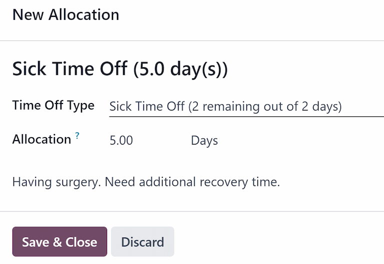 An allocation request form filled out for an employee requesting an additional week of sick time.