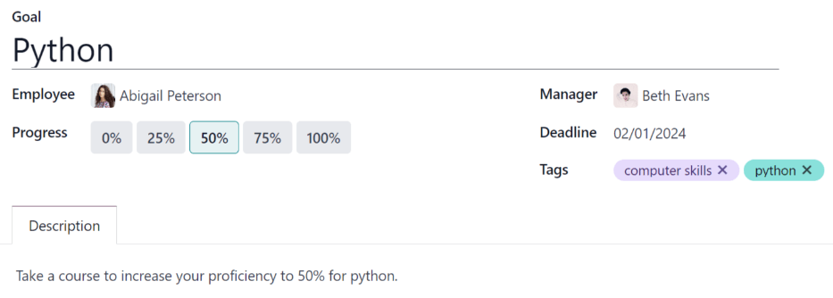 Ein ausgefülltes Zielformular für eine Python-Fähigkeit, das auf 50-prozentige Kompetenz eingestellt ist.