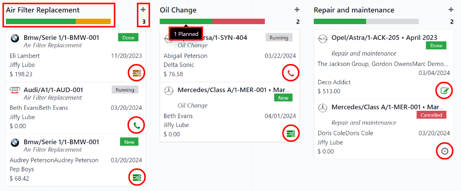 Die Dienstleistungseinträge werden in einer Kanban-Ansicht dargestellt.