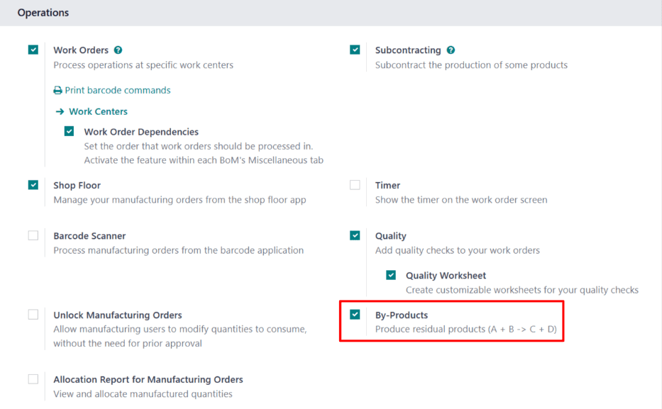 Die Einstellung „Nebenprodukte“ in der Einstellungsseite der Fertigungsapp.