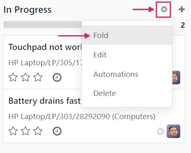 Spaltenoptionen für Phase in der Kanban-Ansicht.