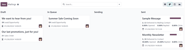 Kanban-Ansicht des Hauptdashboards der Odoo E-Mail-Marketing-App.