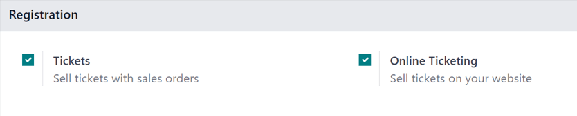 Der Bereich „Registrierungen“ auf der Seite mit den Einstellungen für Odoo Veranstaltungen.