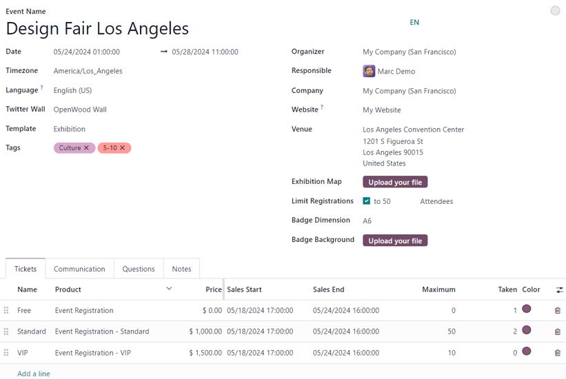 Typische Veranstaltungsvorlage in Odoo Veranstaltungen.