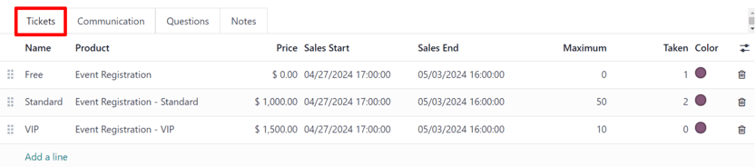 Typischer Reiter „Tickets“ auf einem Veranstaltungsformular in Odoo Veranstaltungen.