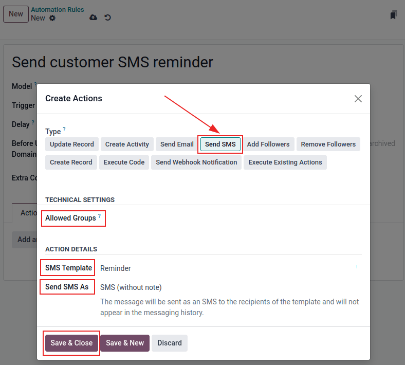 Vorlage für Automatisierungsregel mit Hervorhebung der zu erledigenden Regel, SMS-Vorlage und „Als Notiz hinterlassen“.