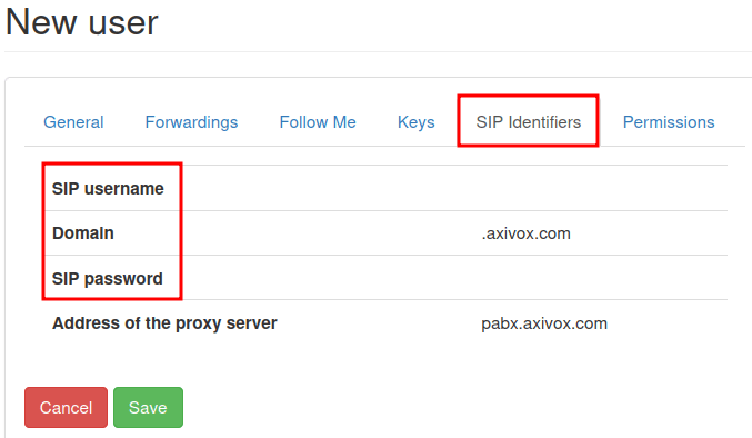 Important credentials used for external configurations of Axivox VoIP.