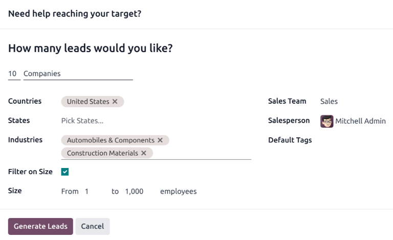 Das Pop-up-Fenster mit den Auswahlkriterien, um Leads in Odoo zu generieren.