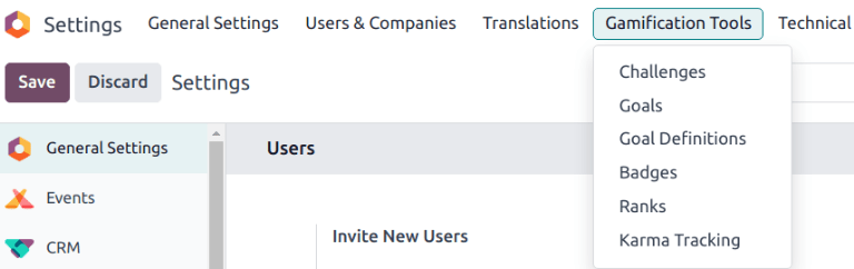 Ansicht, wenn das Menü für Gamification-Tools in Odoo Einstellungen aktiviert ist.