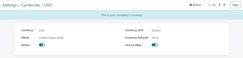 Wie ein Formular für Hauptwährungsdetails in Odoo Buchhaltung aussieht.