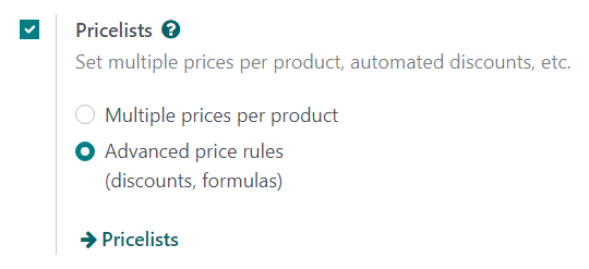 So sieht die Einstellung der Funktion „Preislisten“ in Odoo Verkauf aus.