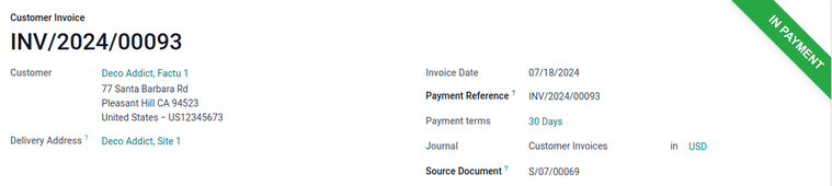 The green in payment banner displayed on the invoice.