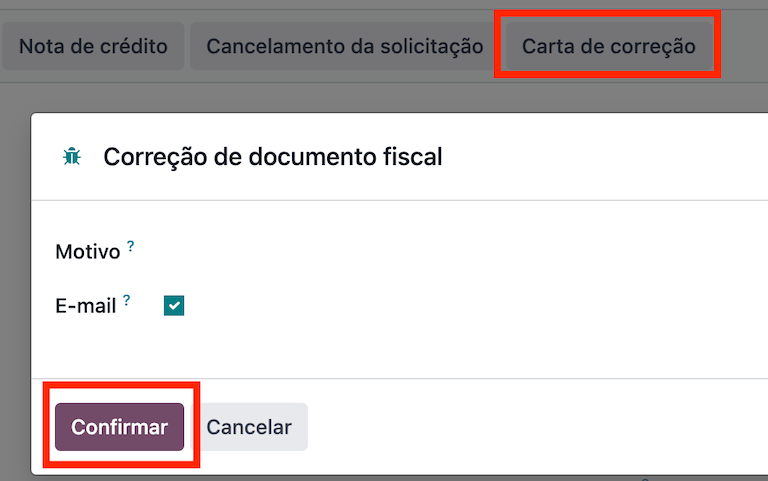 Motivo de la carta de corrección en Odoo.