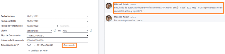 Autorización AFIP rechazada.