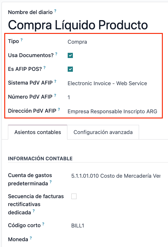 Configuración del diario de compras l10n_ar.