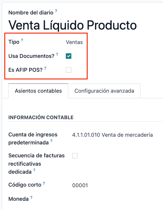 Configuración del diario de ventas l10n_ar.