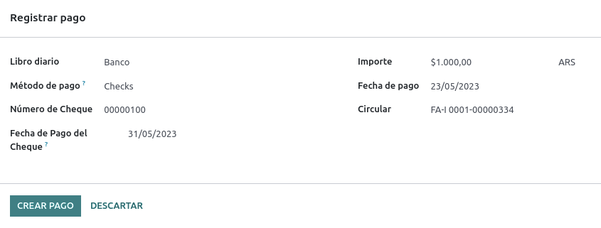 Ventana emergente de pago con las opciones de cheque propio activadas.