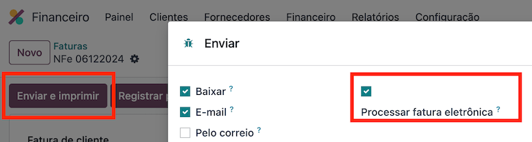 Ventana emergente para procesar una factura electrónica en Odoo.