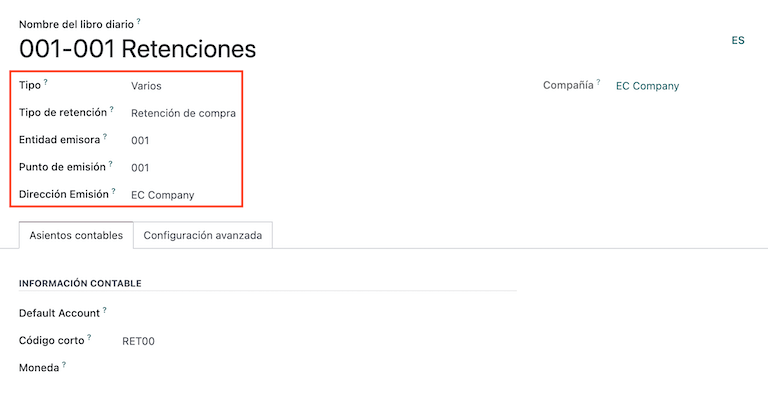 Configuración de retenciones para el tipo de documento electrónico de retención en Ecuador.