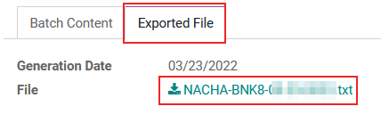 La pestaña de archivo exportado resaltada en el pago por lote con la descarga circulada.