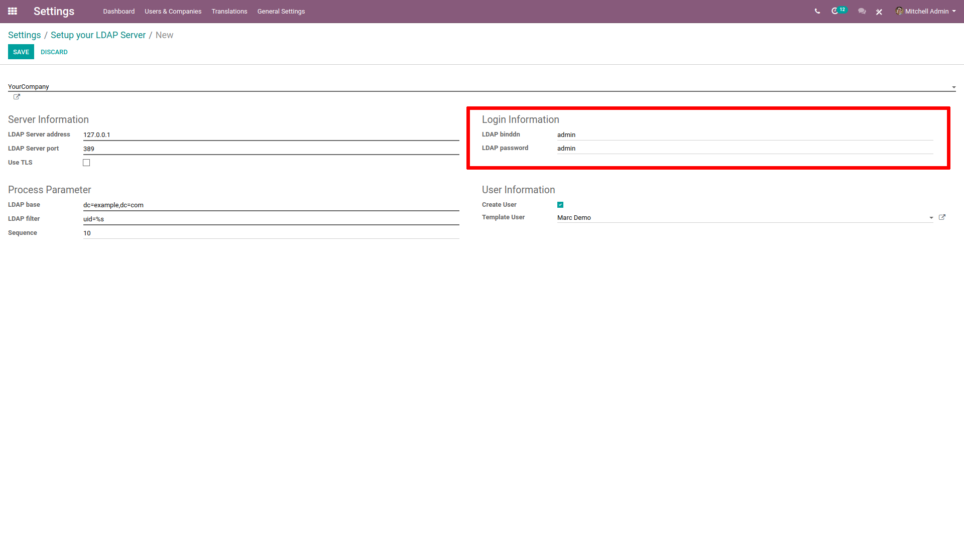 Imagen en la que se resalta la información de inicio de sesión en la configuración del servidor en Odoo.