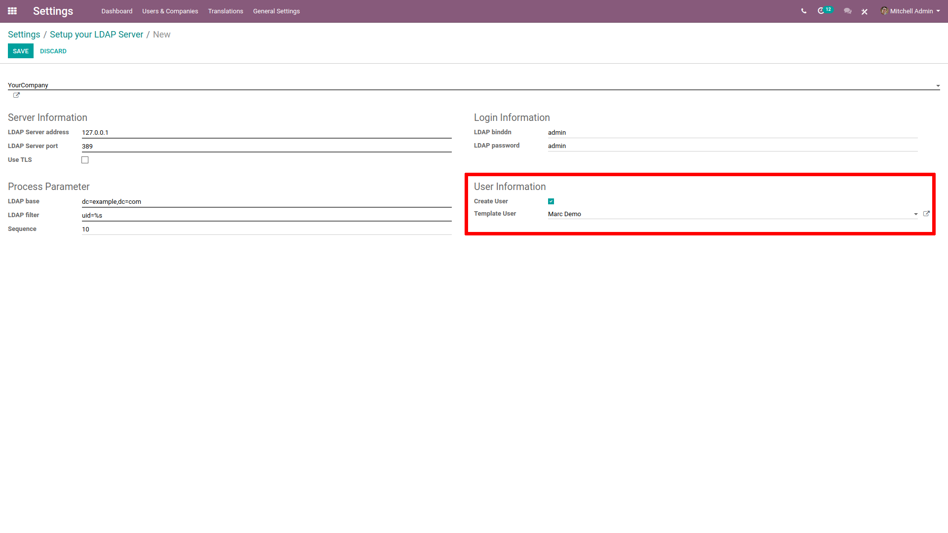 Imagen donde se resalta la información del usuario en la configuración del servidor LDAP en Odoo