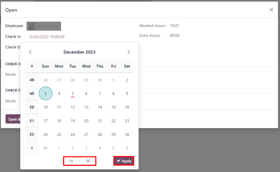 La ventana emergente que permite modificar una entrada de asistencia con un error. Visualización del selector de calendario, el selector de hora aparece en un recuadro rojo.