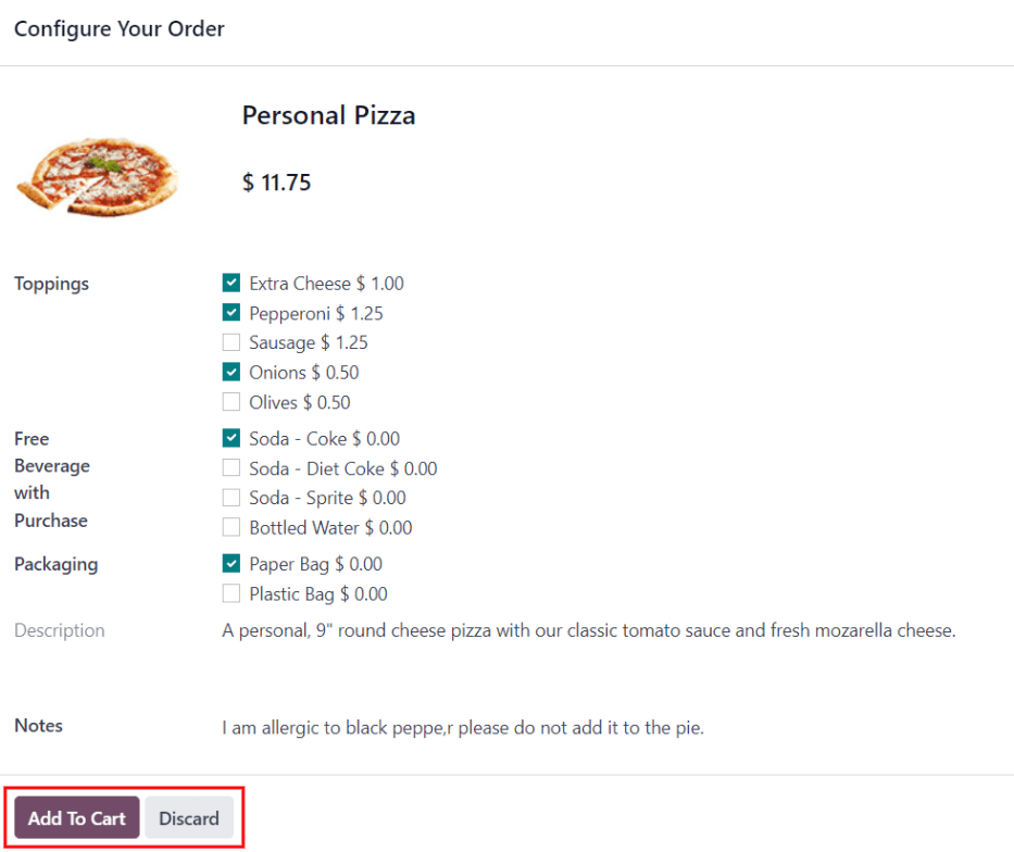 La ventana emergente para una pizza individual, con todos los extras resaltados y seleccionados.