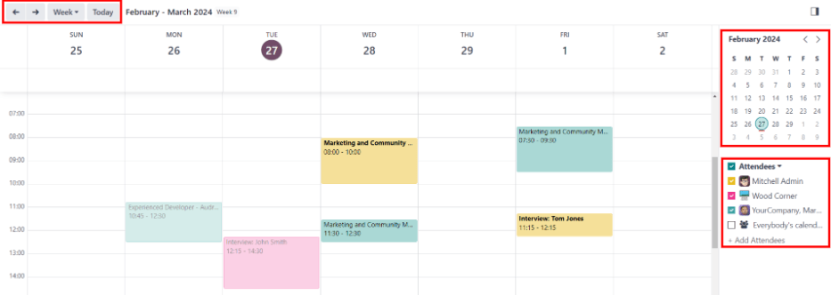 Vista de calendario donde se muestra cómo cambiar las reuniones mostradas.